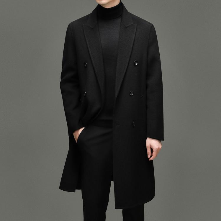 

Men s Long Wool Double-Faced High Collar Windbreaker - Warm Knee-Length Autumn/Winter Coat M чорний