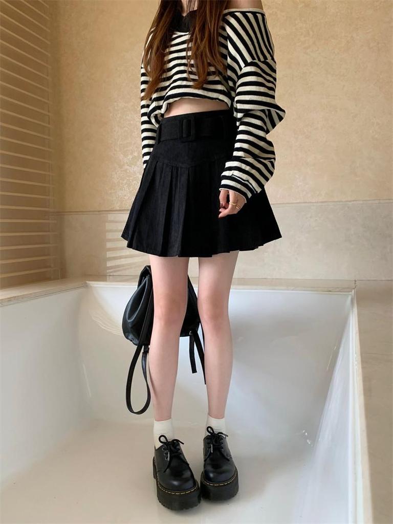Fat Sister Corduroy Pleated A-Line Skirt for Women - High Waist Slimming Short Skirt for Autumn/Winter