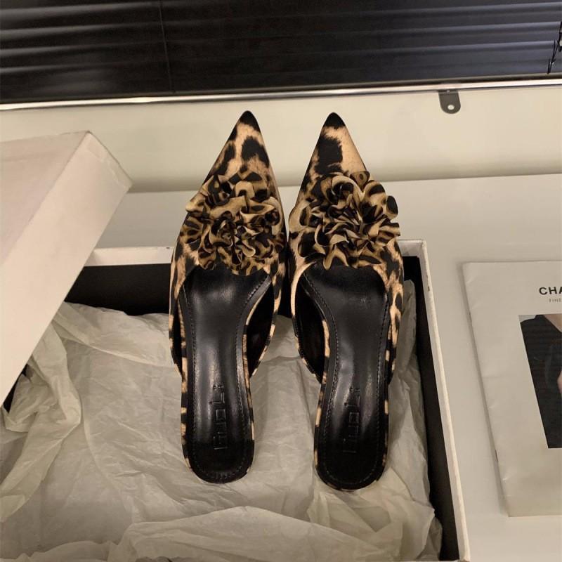 Baotou satin apricot heel wearing slippers fairy semi-thick temperament shoes flowers