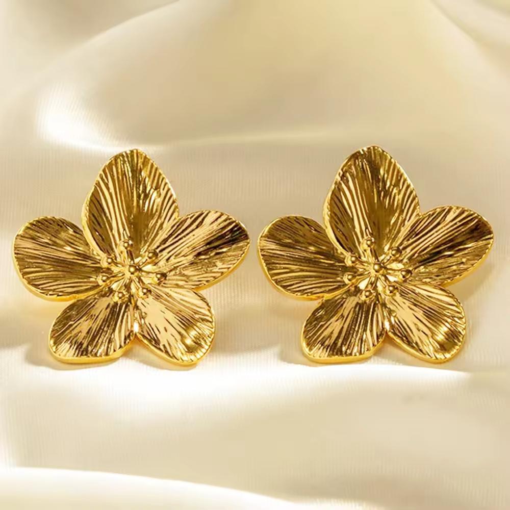 Vintage Fashion Chunky Jewelry 18K Gold Stainless Steel Square Striped Leaf Heart Stud Earrings for Women