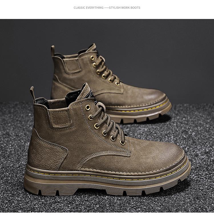 Men's Genuine Leather High-Top Martin Boots - Yellow Retro Winter Snow Shoes with Plush Lining