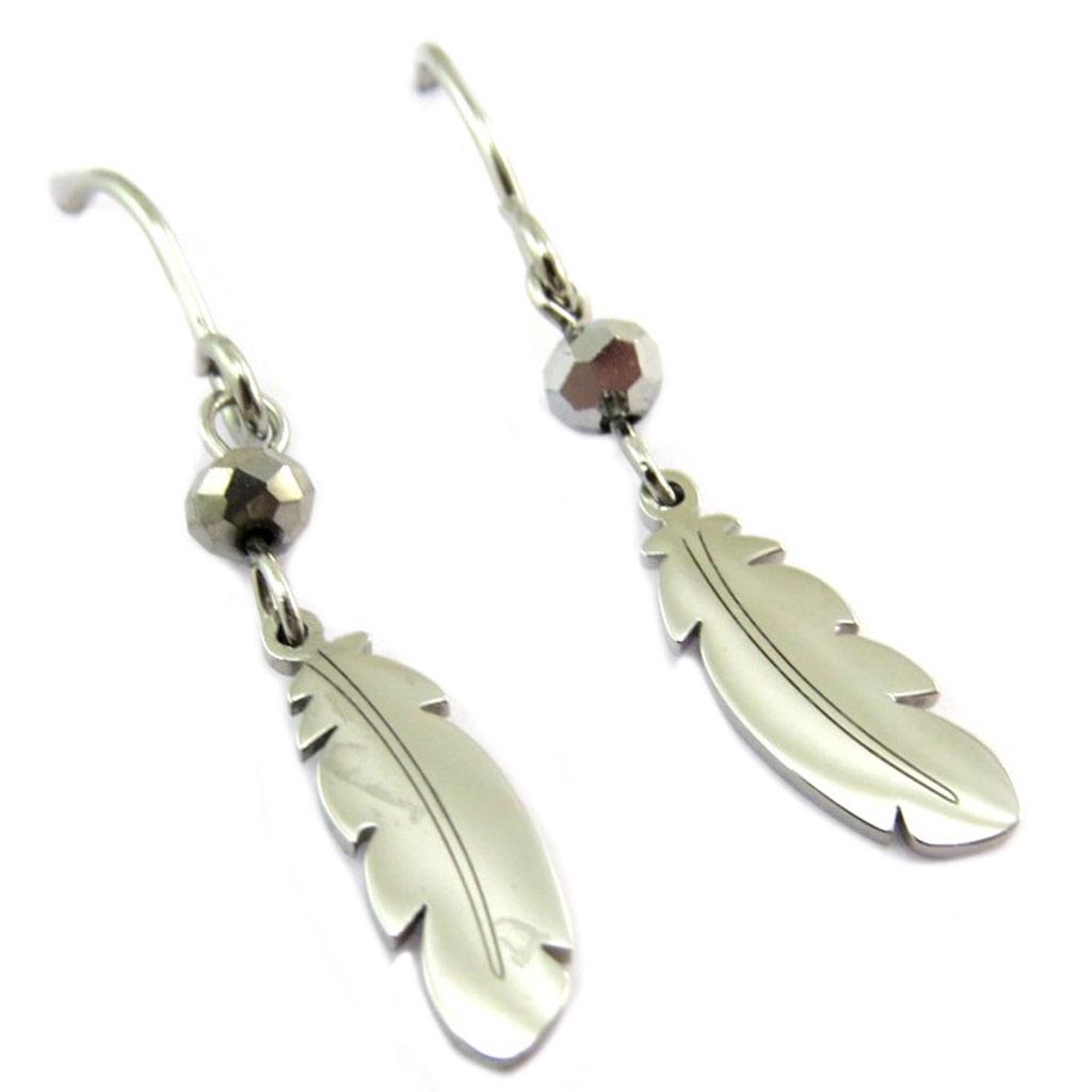 Les Trésors De Lily [P7765] - Designové ocelové náušnice 'Boho' ve stříbrnošedé barvě (indické peří) - 19x4 mm