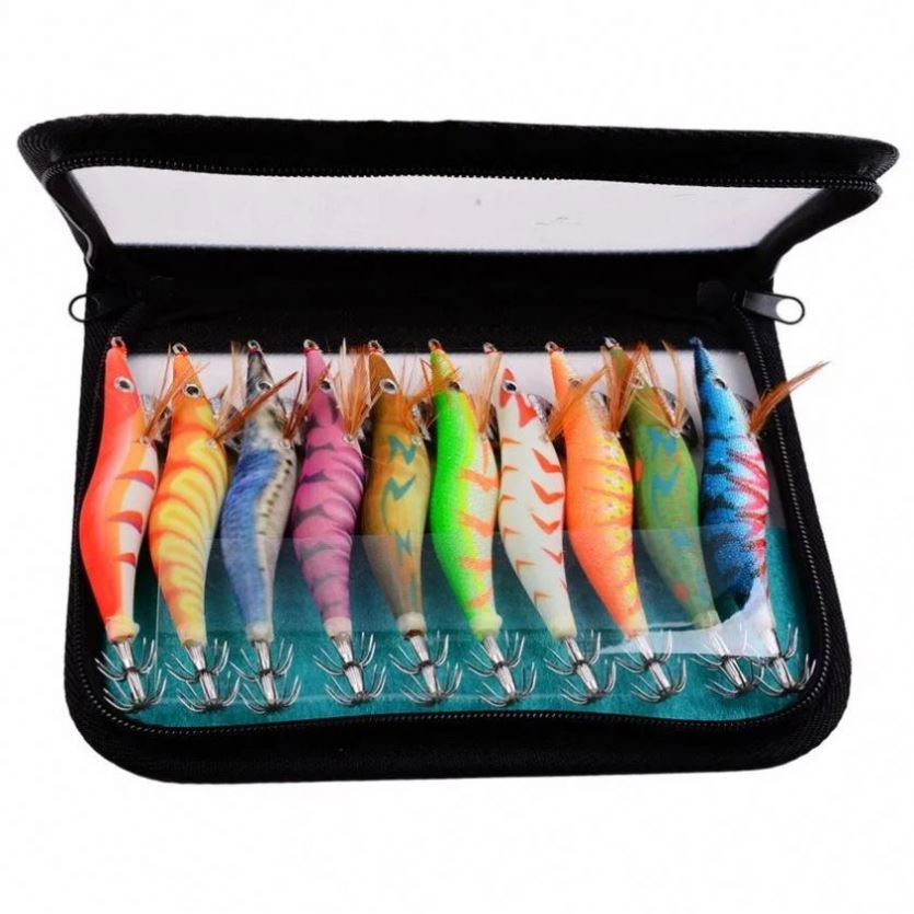 10PCS 3.0# 3D Eyes Fishing Lure Hard Bait Squid Jig Lure with Bag Fishing Wood Shrimp Luminous Octopus Squid Jigs Lure