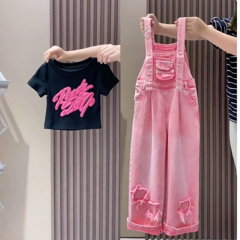 Adorable Girls Summer Outfits Loose Fit Denim Suspenders Set With Colorful T-shirt