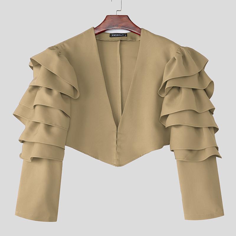 INCERUN Men V Neck Ruffled Long Sleeve Irregular Party Blazer Short Coats