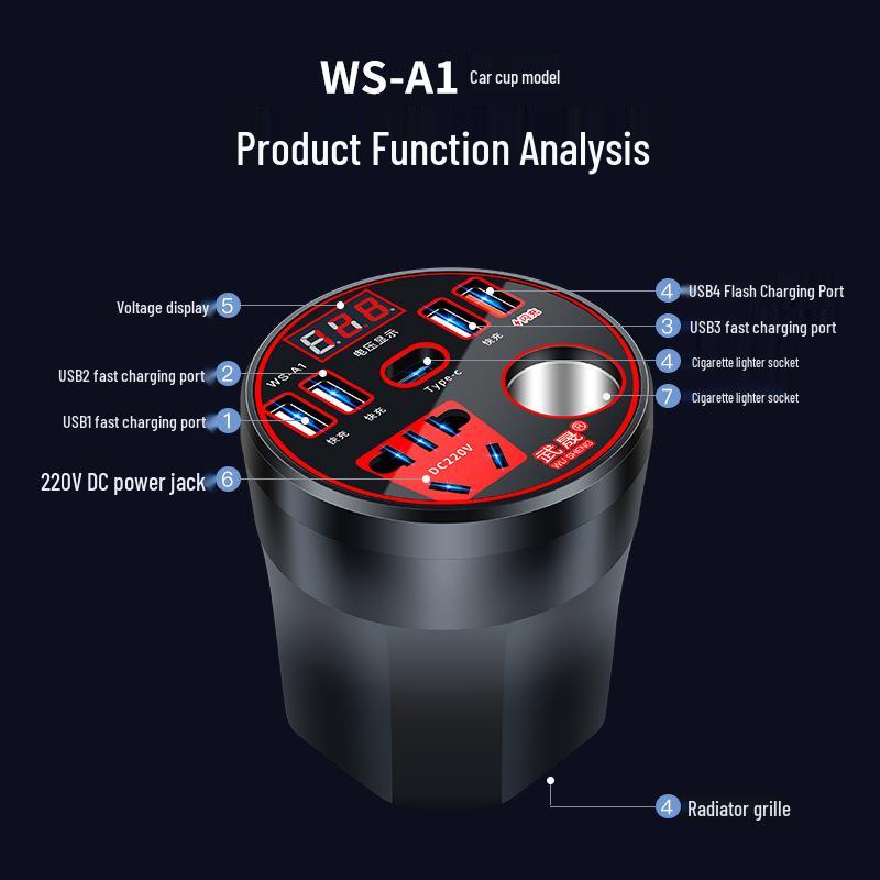 High-Power 12V/24V to 220V Multifunction Car Cup Holder Charger