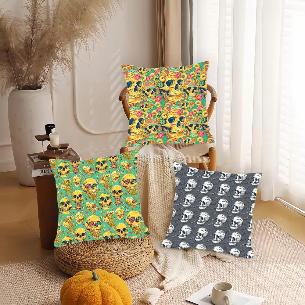 Horror Skull Print Cushion Cover Silky Short Plush DoubleSided Printed Pillow Case for Sofa All Seasons Home Decor Gift
