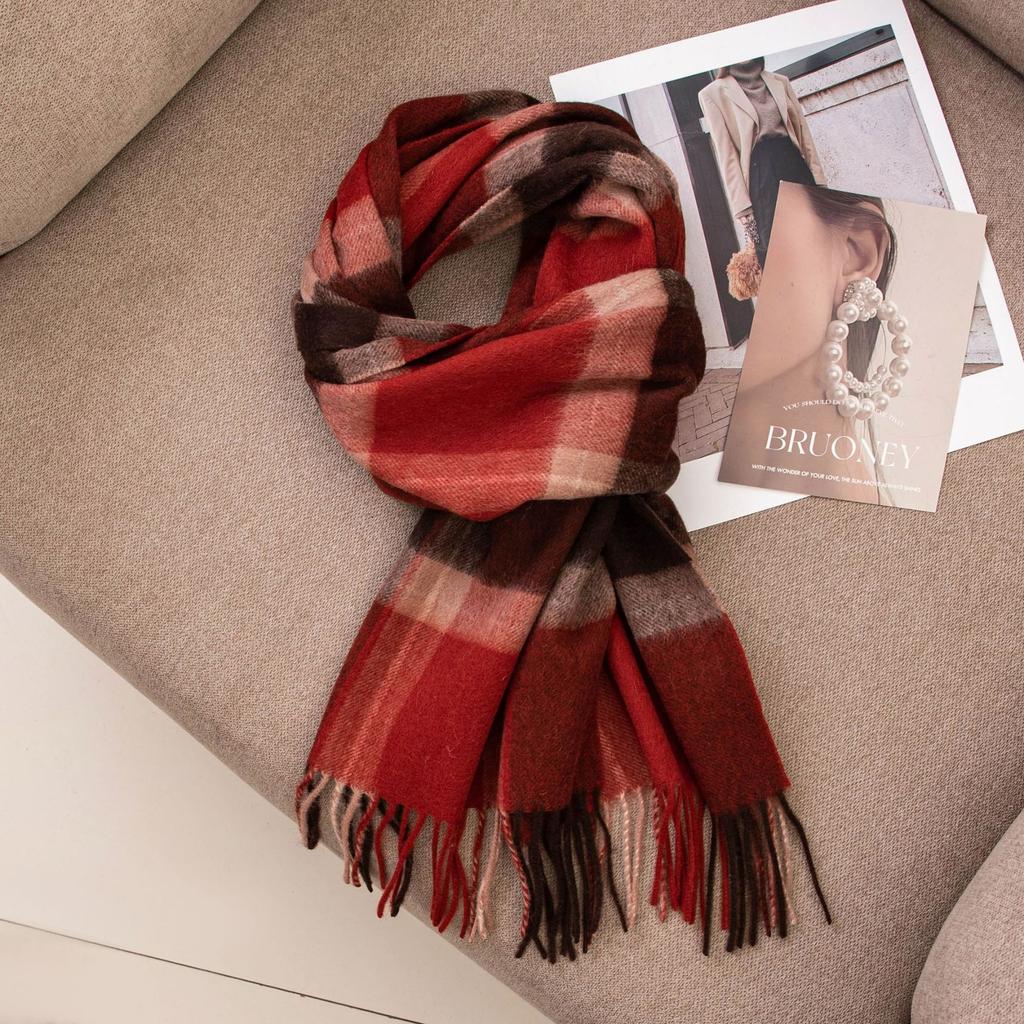 Szalik 100% Wełna Jesienno-Zimowy Ciepły Wszechstronny Szalik w Kratę Damski Wysokiej Jakości Zimowy Wełniany Czerwony Szalik