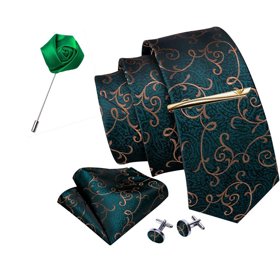 Barry.Wang Men Green Ties Silk Black Necktie Tie Clip Boutonniere Hanky Cufflinks Set for Business Wedding Dating