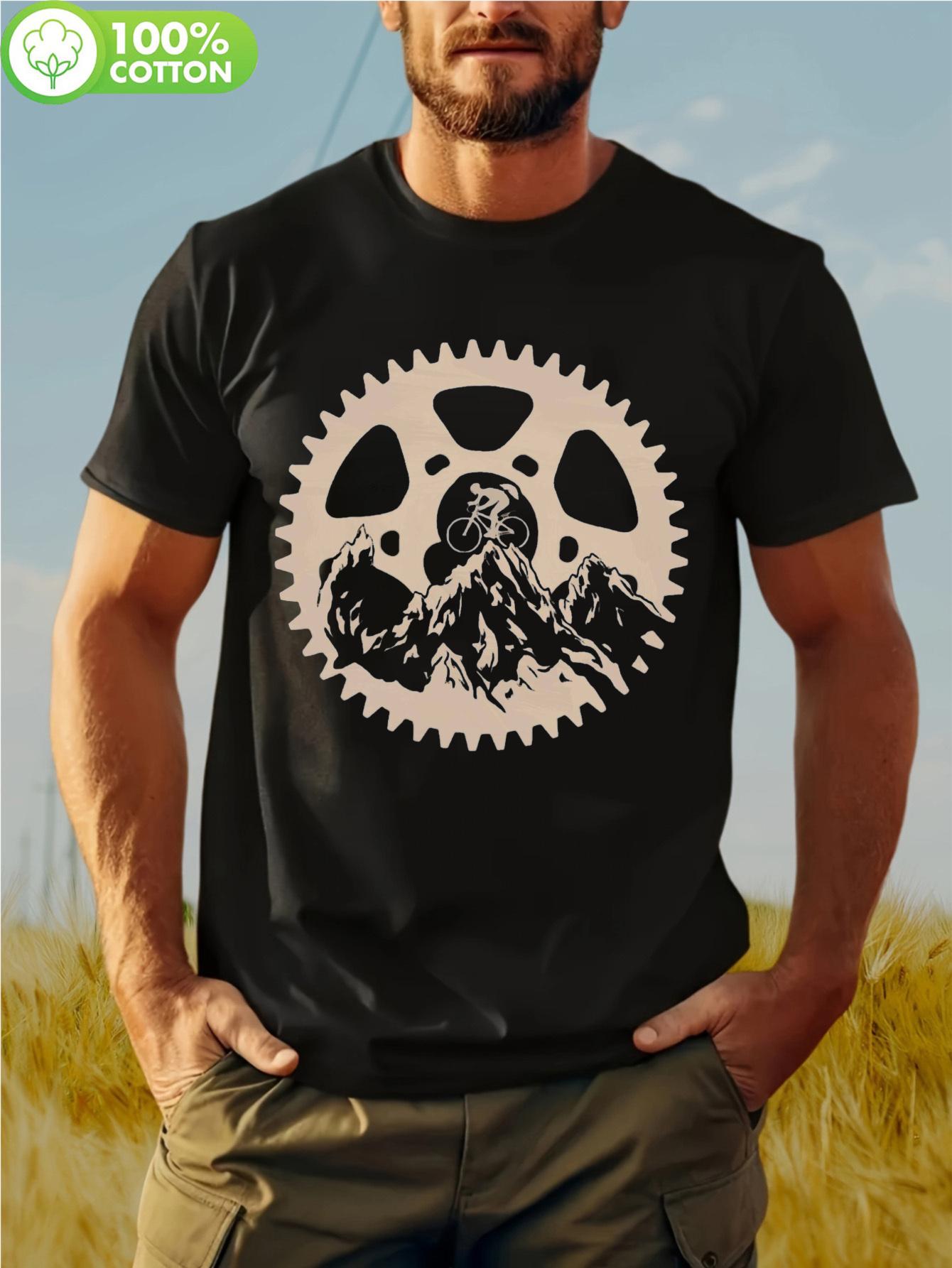 Casual Crew Neck T-shirt - 100% Polyester Geometric Cyclist Gear & Cogwheel Design S