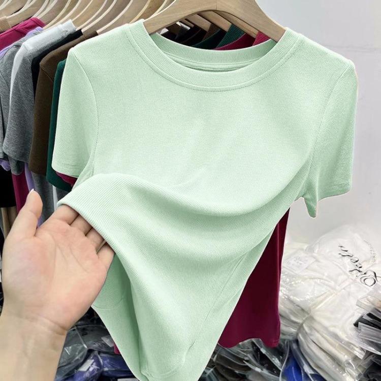 2025 Summer Women Slim Fit Short Sleeve Round Neck T-Shirt Versatile Solid Color Top