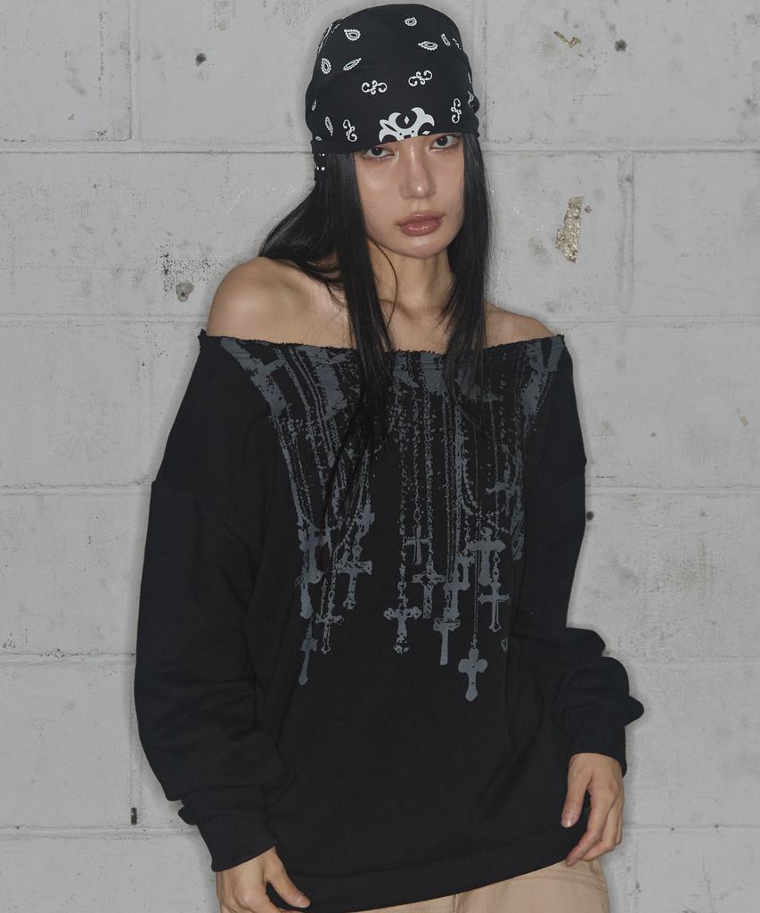 FANCY CLUB Necklace One-Shoulder Sweatshirt (Black) F25Zb037