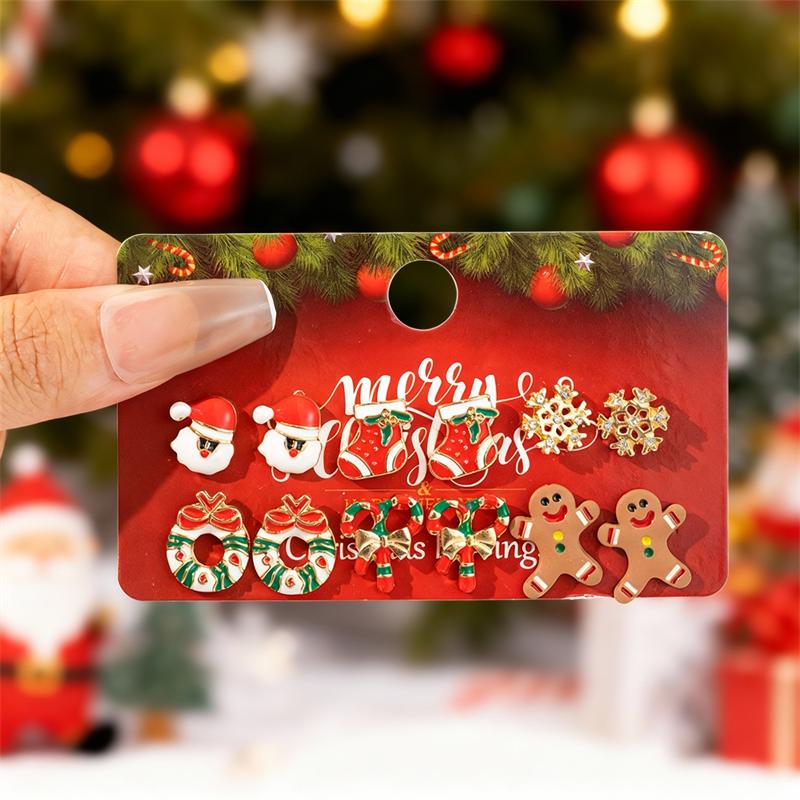 6 Pair Christmas Combination Earrings Set for Women Shiny Zircon Xmas Tree Snowflake Elk Santa Claus Earring Party Zircon Gift