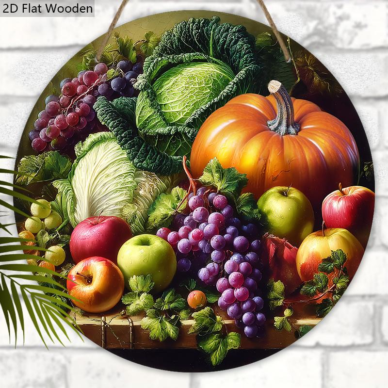 Autumn Harvest Wooden Sign with Fruits and Vegetables Pattern Design - Unique Wall Pediments - Ideal for Front Door, Yard, Porch, Room Decor