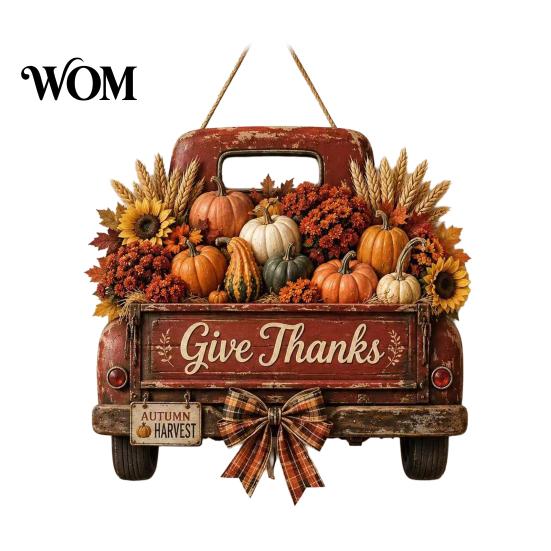 Retro Pickup Truck Decor for Home Harvest Pumpkin Hanging Sign Front Door, Wooden Fall Door with Decorative Holiday Wall Plaque Hemp Rope, Distressed