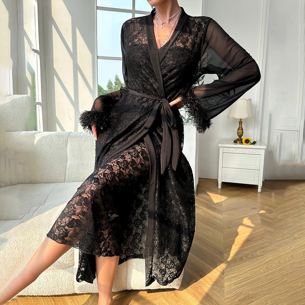 Women Long Sleeve Lace Sheer Lingerie with Halter Neck Dress Robe Set