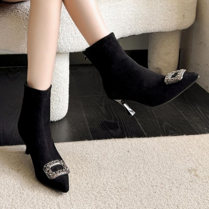 Fashion 2025 New Fine Heel Cotton Boots Women's Pointed Rhine-drill Buckle Sleeve Anti-slip Wear-resistant Short Boots