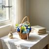 Mini Woven Basket with Flowers Hand Knitted Wool Flower Basket, Decorative Crocheted Floral Exquisite Desktop Ornaments Ribbon, Plant Ornament