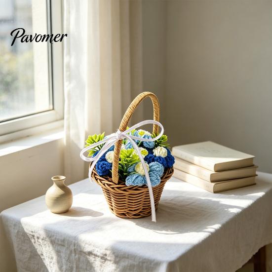 Mini Woven Basket with Flowers Hand Knitted Wool Flower Basket, Decorative Crocheted Floral Exquisite Desktop Ornaments Ribbon, Plant Ornament