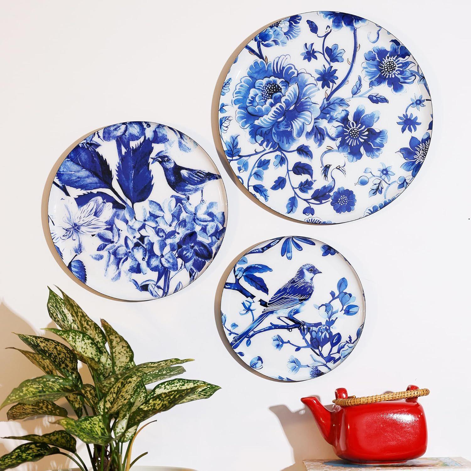 

Металлические декоративные настенные тарелки | Дизайн с изображением цветов и птиц | Украшение стены гостиной | Предметы декора | Подарки (Разноцветный) (Набор из 3 шт.)