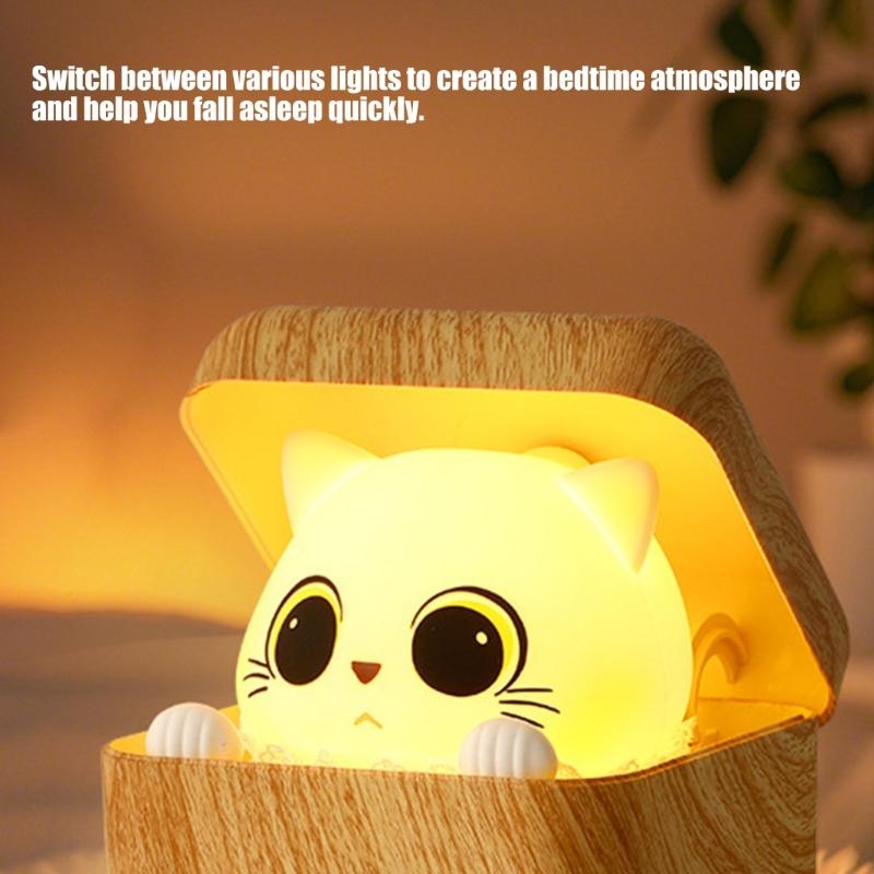 Intelligent Night Light with Shy Cats Design and Adjustable Brightness Eye Caring Bedside Lamp Suitable for Kids Room