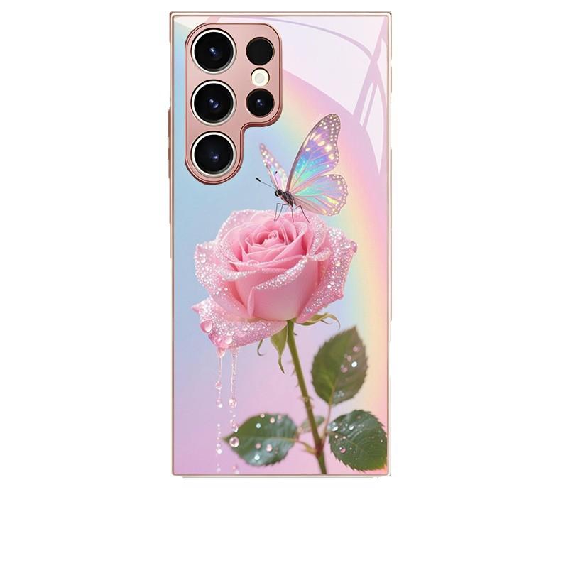 Sparkling pink rose butterfly glass phone case suitable for Samsung Galaxy S26 S25 S24 S23 S22 S21 S20 FE/Ultra/Plus anti drop