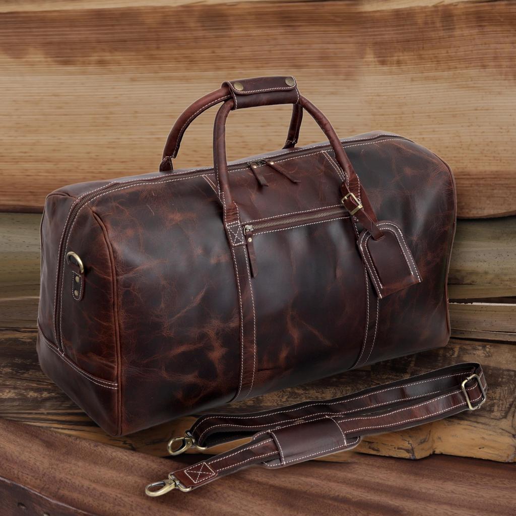 Handmade Top Grain Leather Duffle Bag: 21-inch Travel Weekender