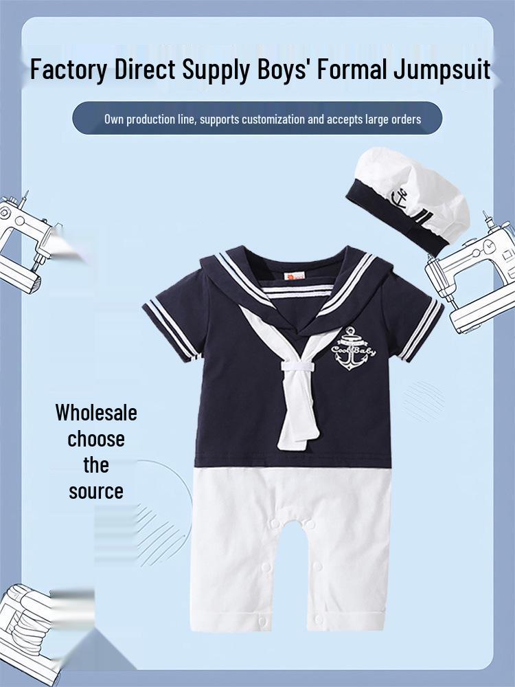 Set due pezzi estivo per neonato maschio, uniforme blu navy, con cappellino