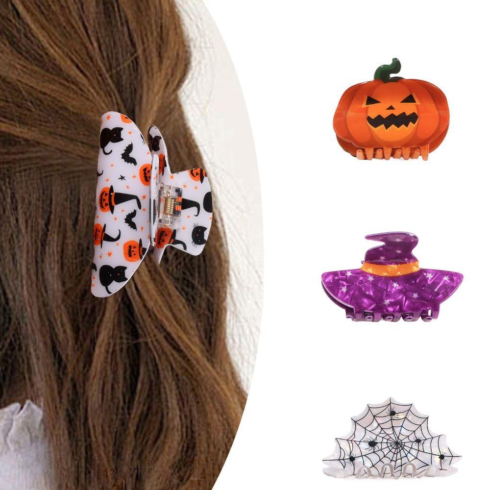 PVC Pumpkin Themed Gripper Spider Skeleton Shark Clip Headwear Halloween Hair Claw  Girls