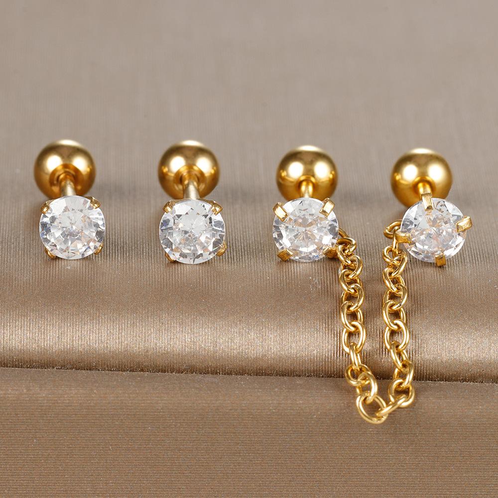 Cross-Border Titanium Steel Double Ear Piercings round Zircon Chain Tassel Stud Earrings Four-Claw Studs Three-Piece