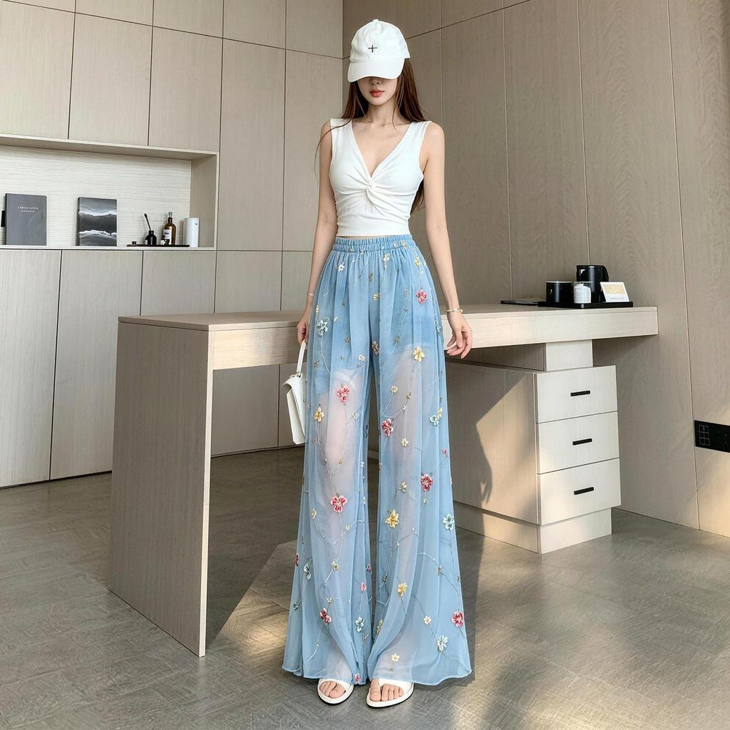 Summer New Loose High-End Flower Embroidered Wide Leg Pants Thin Breathable Tie Dye Casual Pants for Women Vacation Leisure