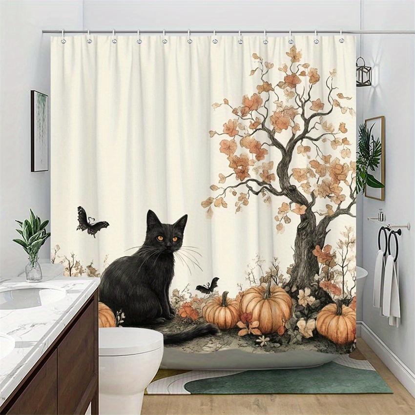 1Pc Whimsical Black Cat Pumpkin Shower Curtain - Polyester Fabric, Machine Washable, Suitable For Bathroom Decor