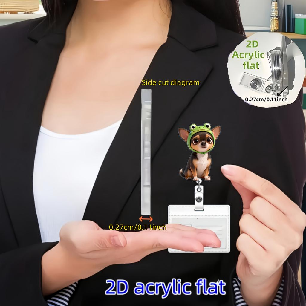 2D Flat Acrylic Dog With Frog Hat Flower Retractable Badge Reel,Nylon Cord Easy Open ID Clip,Gift For Nurses Doctors Students Medical Office Staff