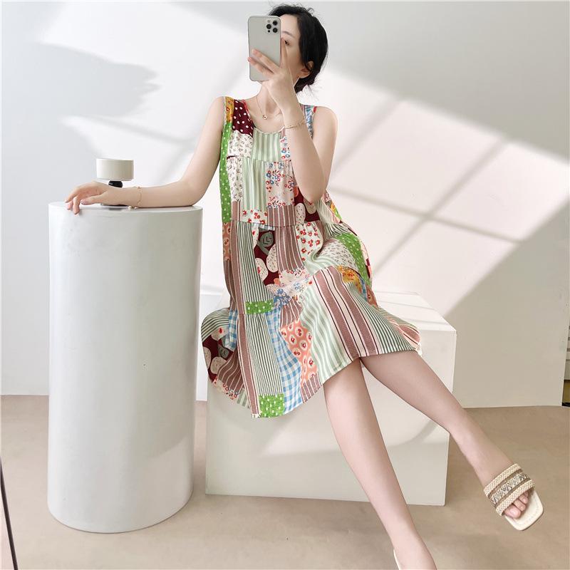 Women's Cotton and Silk Nightgown Summer Thin Internet Celebrity Large Size Printed Pajamas New Sleeveless Loungewear