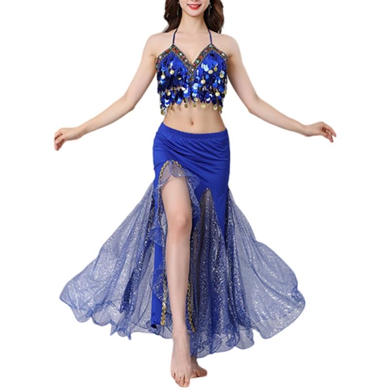 Belly Dance Outfit Glittering Fringe Stage Show Ensemble Elastic Chiffon Mesh Comfortable Fringe Dance Costume королевский синий