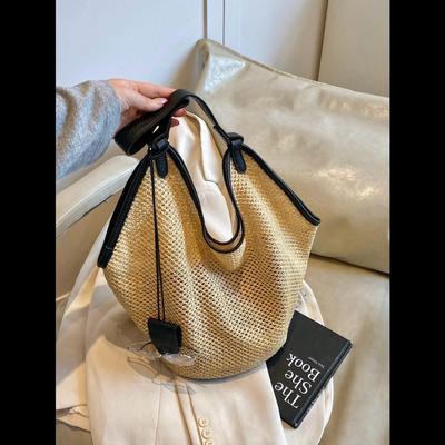 1pc Women Straw Summer Tote Bag, Fashionable Solid Color, Casual Holiday Beach Bag, Minimalist Vintage Oversized Shoulder Bucket Bag