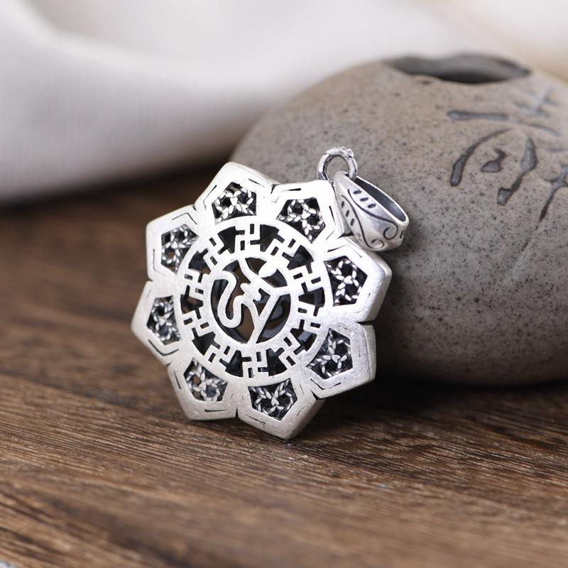 Retro Ethnic Auspicious Eight Treasures Pendant Women Jewelry Fashion Hollow Necklace 925 Silver Chain Male Neck Accessories