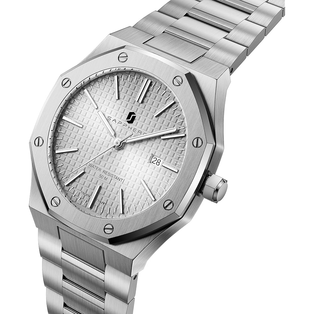 SAPPHERO Men's Chronograph Watch Stainless Steel 50M Waterproof Analog Date Display Silver White