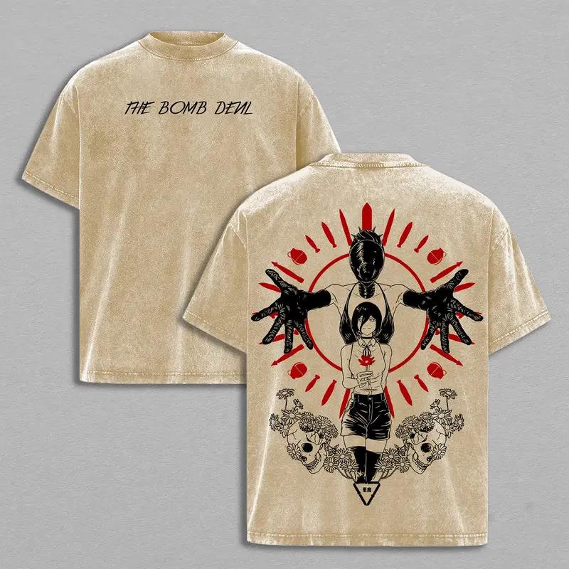 Hot Anime Chainsaw Man Reze Print T-shirt Men Women Short Sleeve Clothing Cotton Tshirt Retro Washed T Shirt Harajuku Manga Tops
