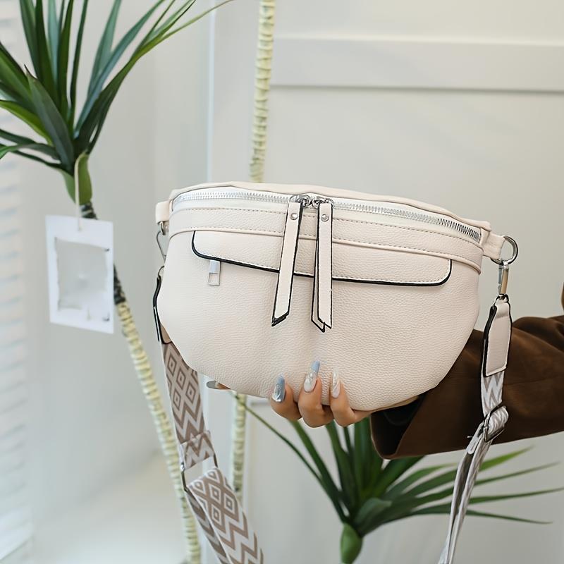 Women'S Stylish White Saddle Bag with Fringe Detail Casual Crossbody Chest & Waist Pack, Wide Strap Shoulder Bag, Trendy Fashion Accessory