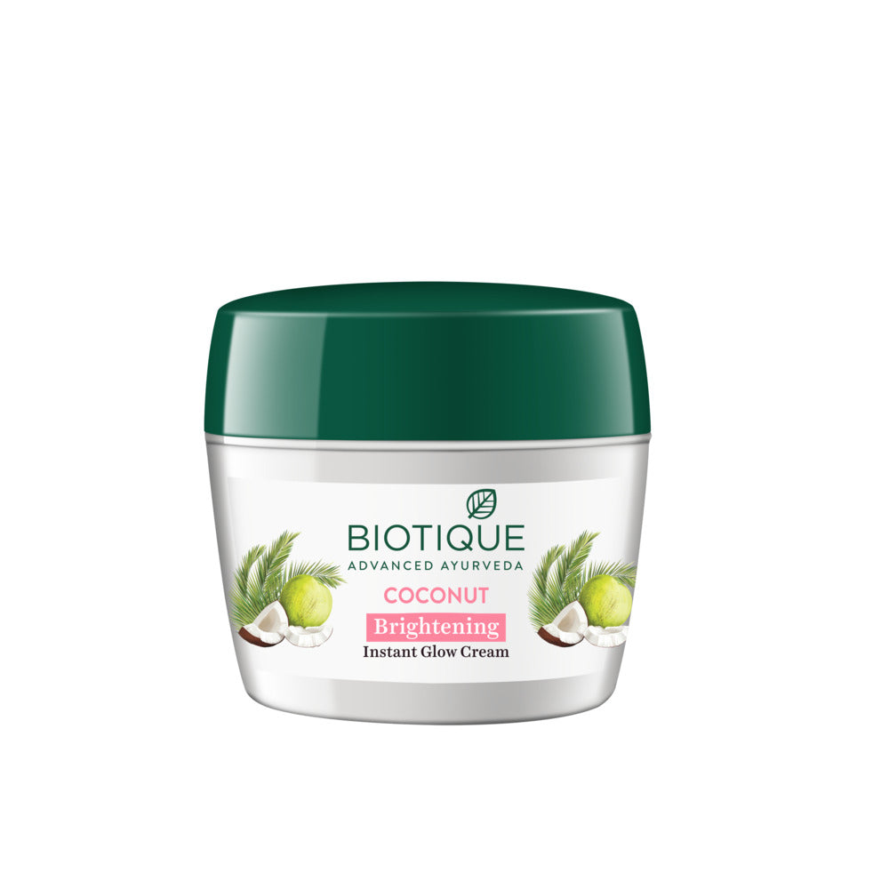 

Biotique Кокосовый осветляющий крем для сияния 175 г | Естественное сияние и уменьшение пигментных пятен | Легкий нежирный увлажняющий крем для лица для всех типов кожи
