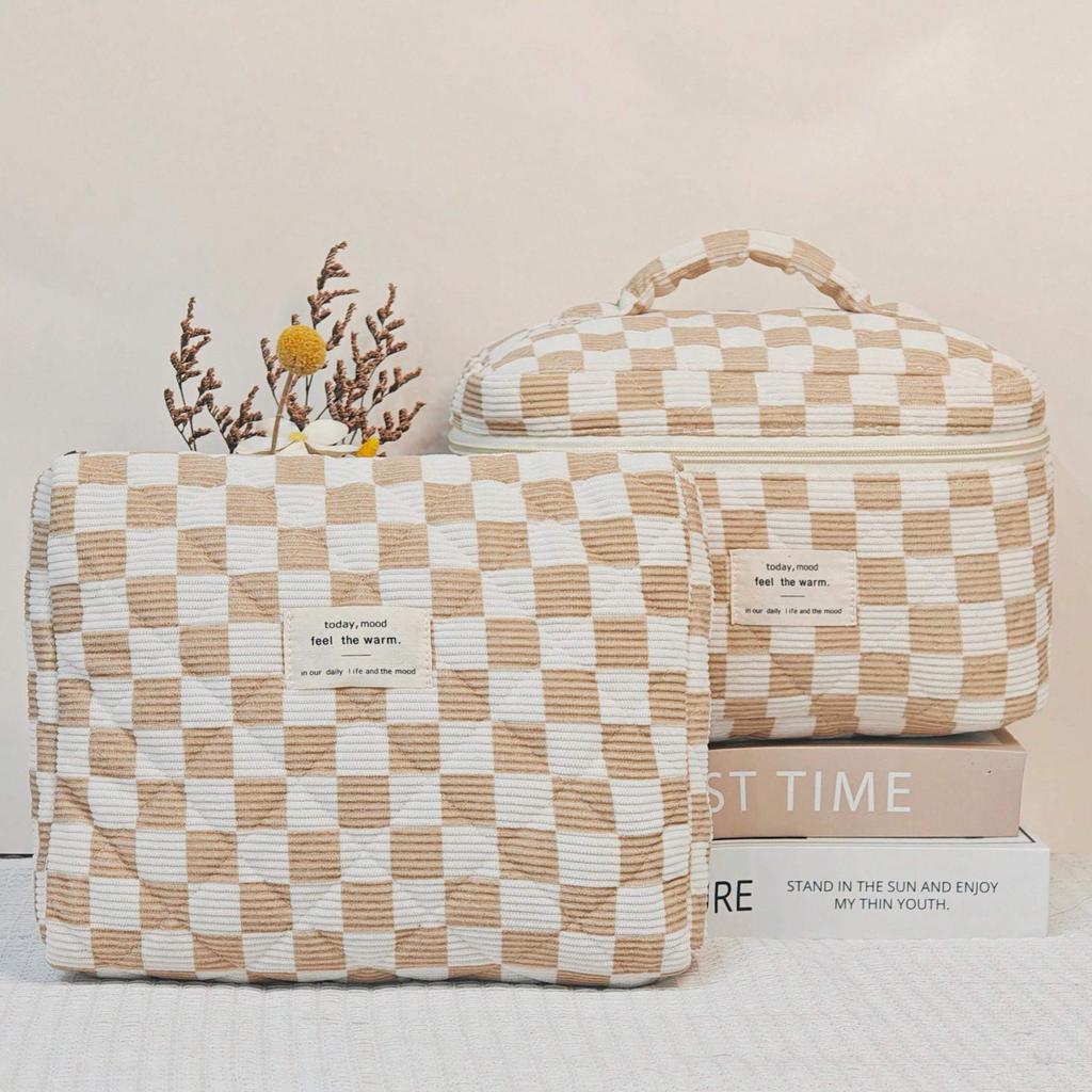 Simple Premium Makeup Bag In Checkered Pattern, Multifunctional Makeup Storage Bag Tote Bathroom Shower Purse Bag Portable Makeup Brush Clutch Bag