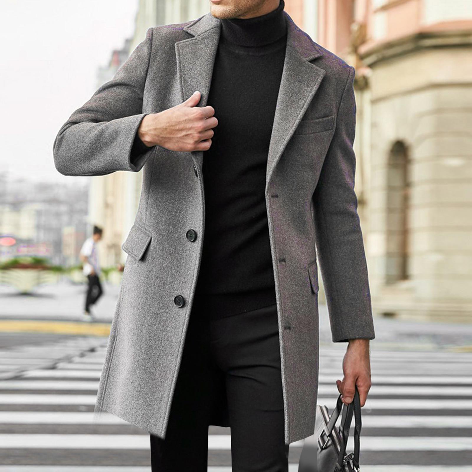 

Men s British Style Long Sleeve Wool Coat - Autumn/Winter Trendy Outerwear Suit M серый