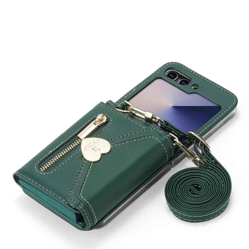 Love Heart Zipper Crossbody Wallet Leather Case For Samsung Galaxy Z Flip 6 Flip 5 4 3 Cards Holder Long Lanyard Cover
