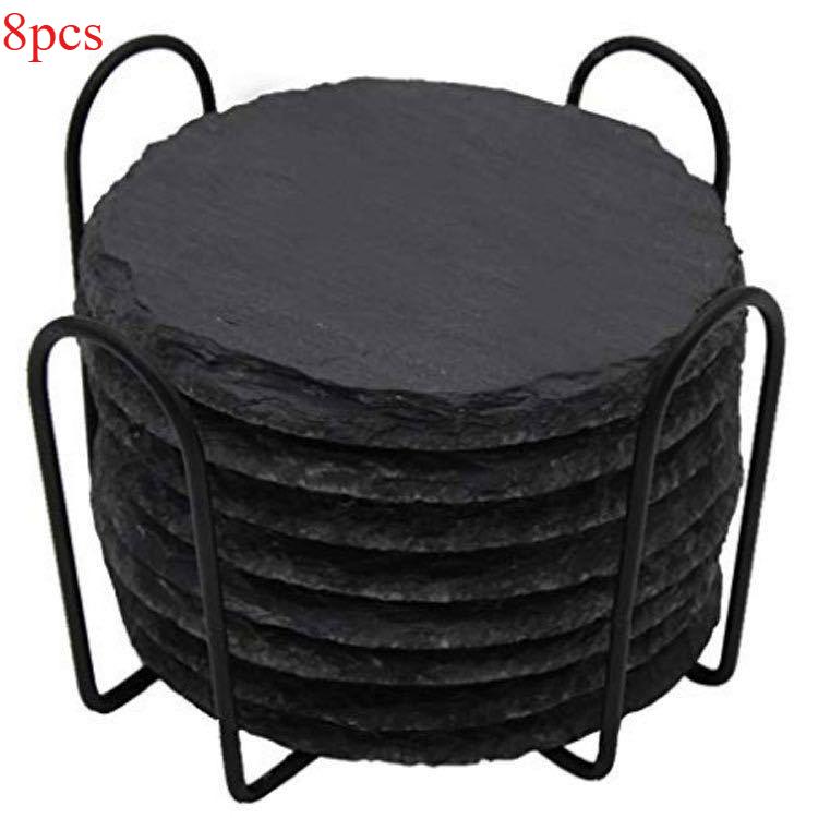 Pack of 8 Slate Coasters with Metal Holder,4 Inch Black Slate Stone Coasters,engraving with Anti-scratch for Drinks,coffee, Bar