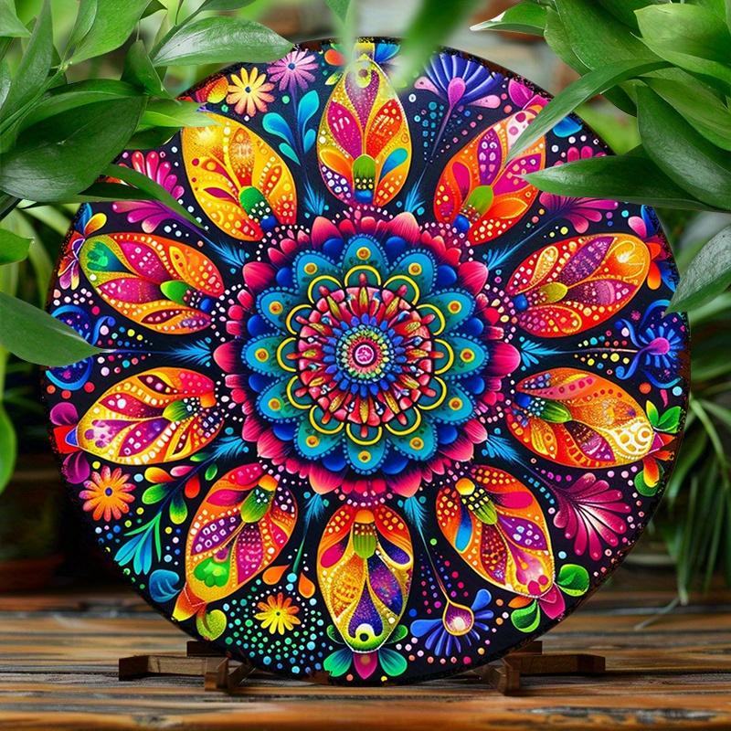Vibrant Mexican Folk Art Mandala Round Metal Sign D Flat Printed Colorful Floral Otomi Style Art Tin Plaque Boho Ethnic Home