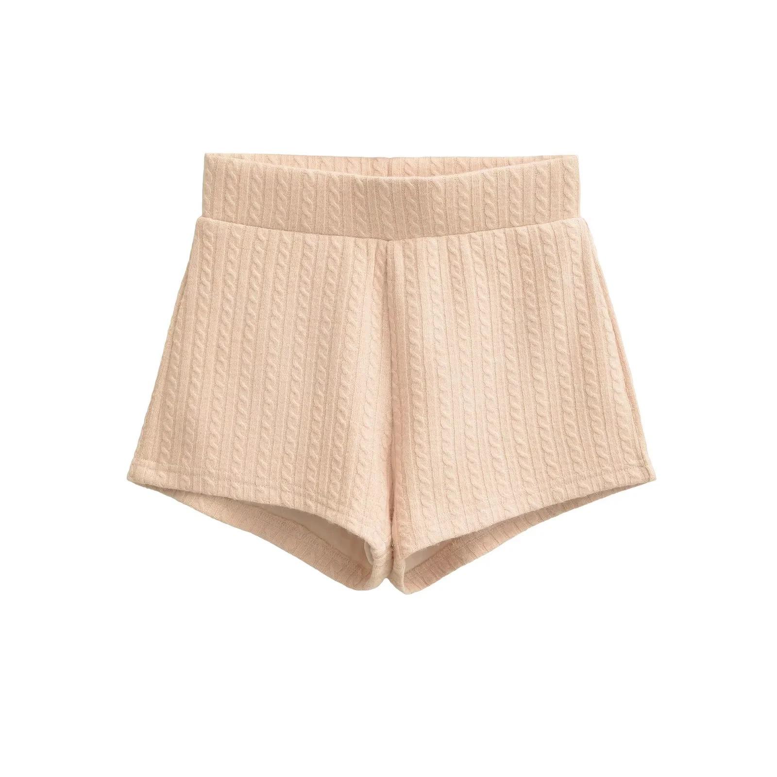Elegant Cable Knit High-Waisted Women s Shorts: Versatile, Luxurious Bodycon for Casual & Sports. Medium бежевый