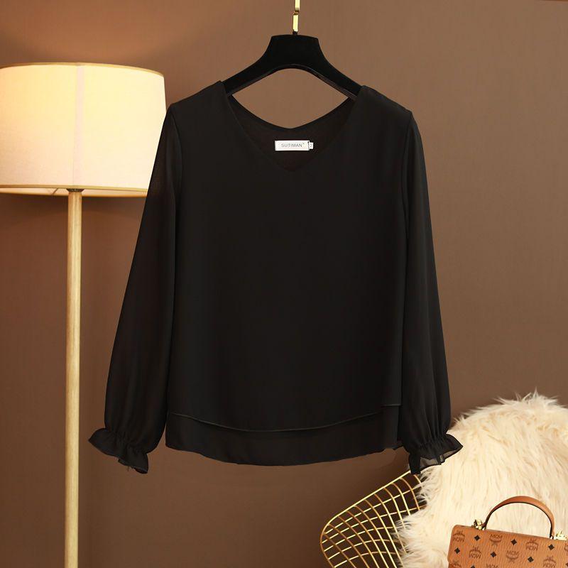 Summer New Fashion Elegance Simple Korean Round Neck Long Sleeved T-shirt Women's Solid V-neck Patchwork Loose Thin Chiffon Top