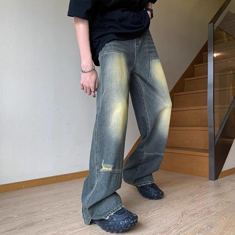 Washed old ripped jeans men's summer American h pants trendy brand drape wide leg straight mopping pants