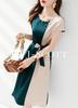 J-Scott Two-Tone Dress (Limited Stock) - Asymmetrical, Flared, with Buttons, Ribbon, Midi Length, Wide Neck, Short Sleeves, Beige (JS71-GR-XL)
